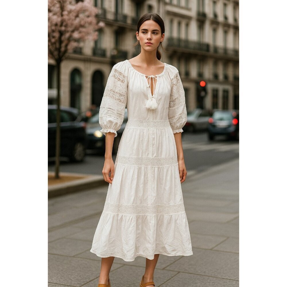 En Saison White Eyelet Midi Dress XS Boho Lace Peasant Summer Cottagecore Flowy